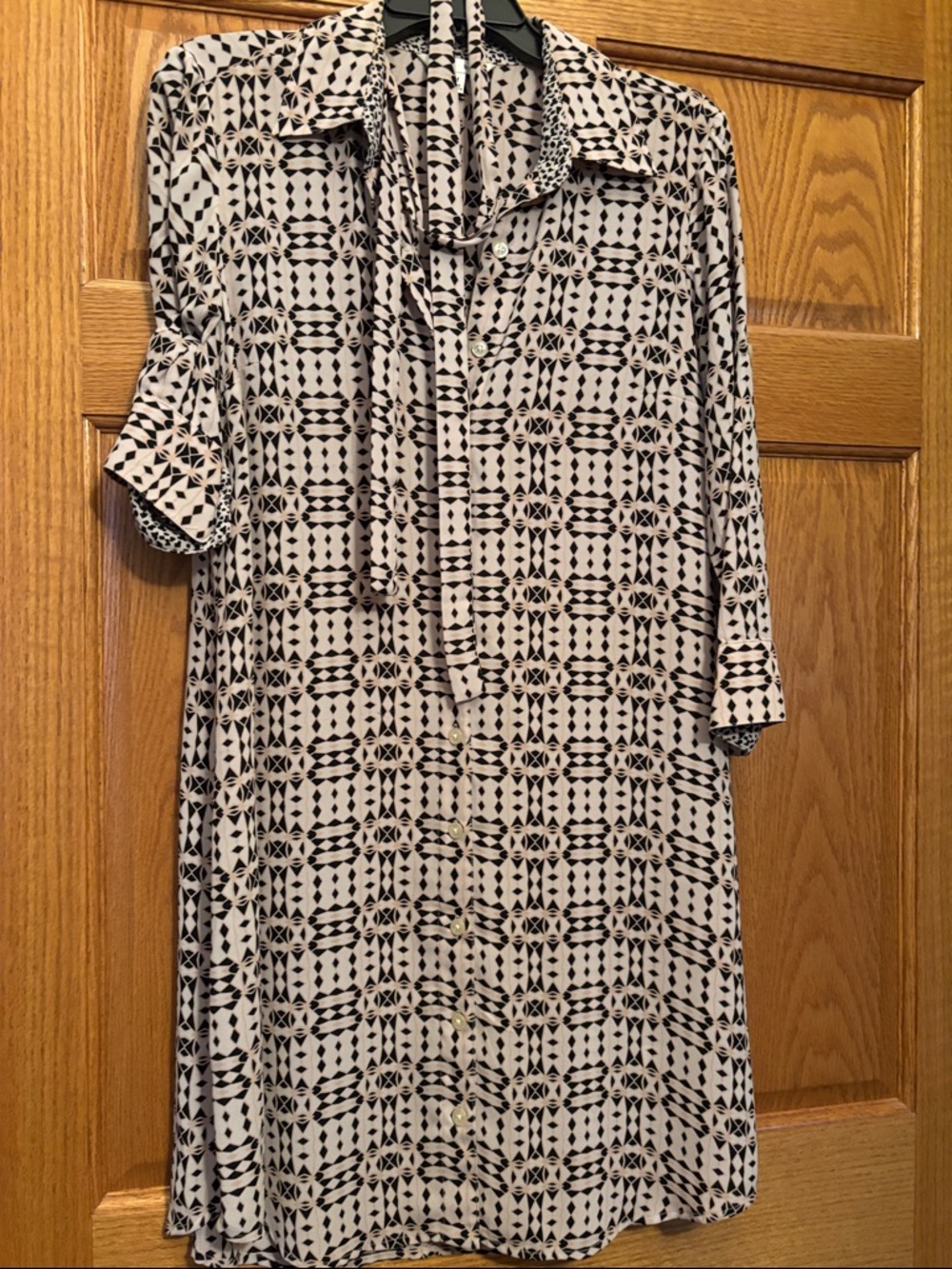 CAbi Black and Cream Geometric Button-Front Shirt Dress